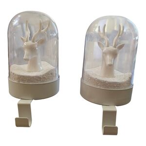 White Reindeer Head Christmas Stocking Holder In Plastic Dome Case Set of 2